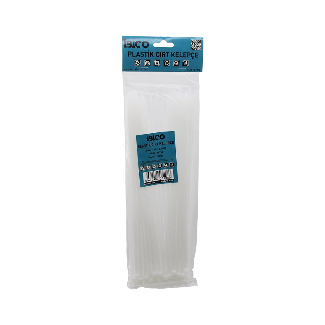 İBİCO İ13-108 ( BEYAZ ) ( 4.8X300MM ) ( PLASTİK ) CIRT KELEPÇE ( KABLO BAĞI ) ( 100PCS )*10X15