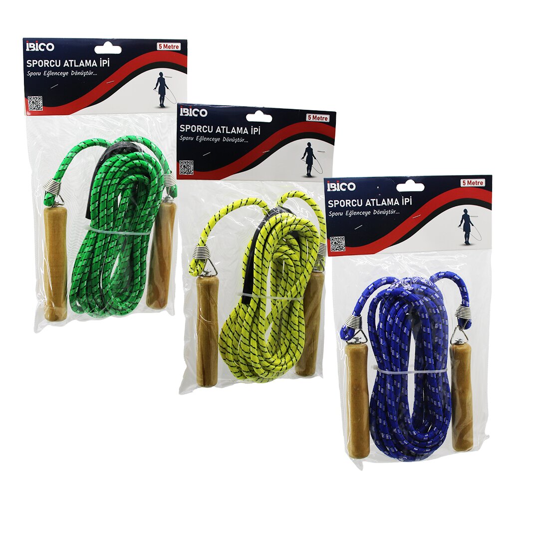 İBİCO İ19-022 ( AHŞAP SAPLI ) ATLAMA İPİ RENKLİ ( 5MT )*60