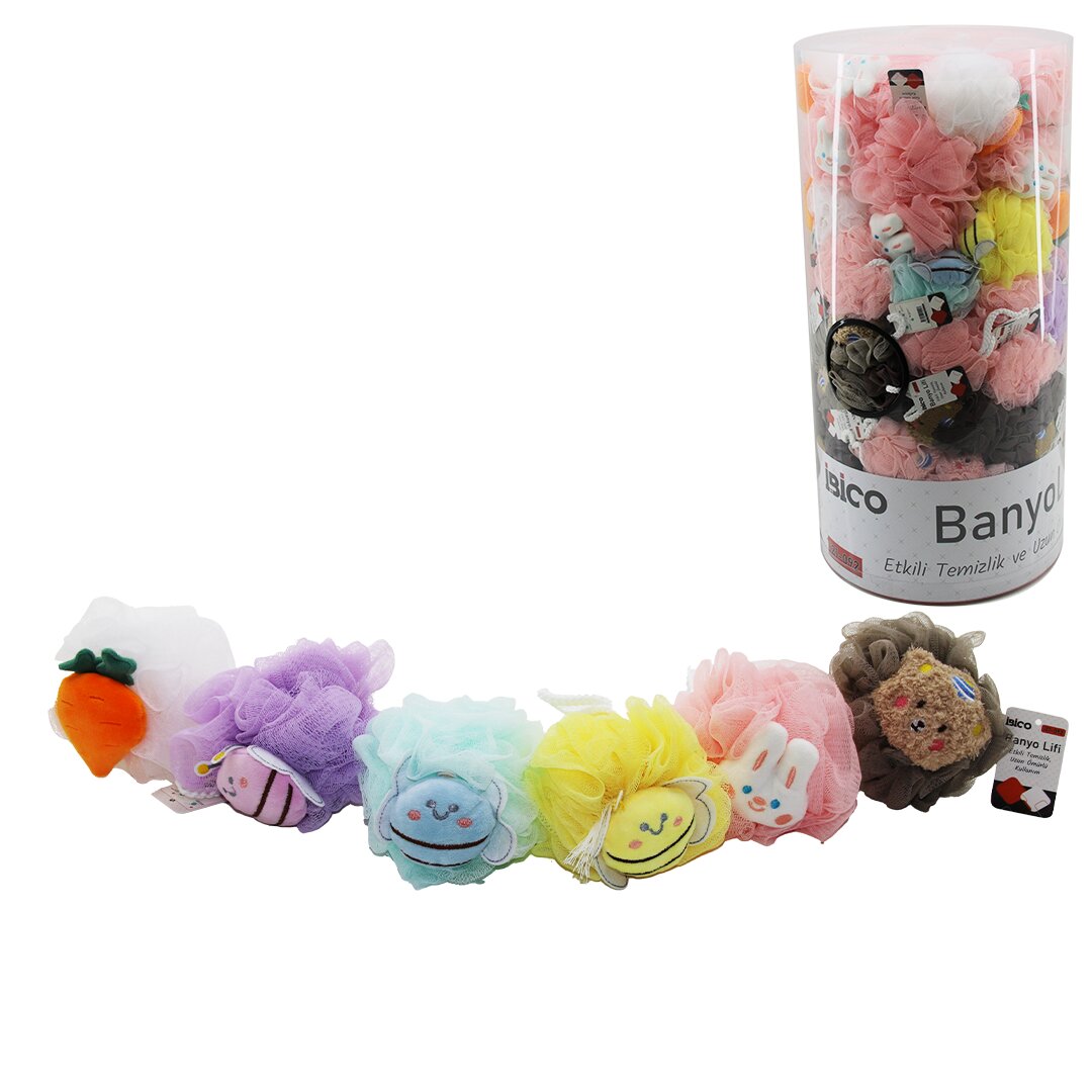 İBİCO İ21-092 ( KÜÇÜK TAVŞAN & ARI & AYICIK & HAVUÇ SÜNGERLİ ) ( RENKLİ TÜL ÖRGÜ ) BANYO LİFİ ( PVC STANDLI ) ( 40GR )*100X2