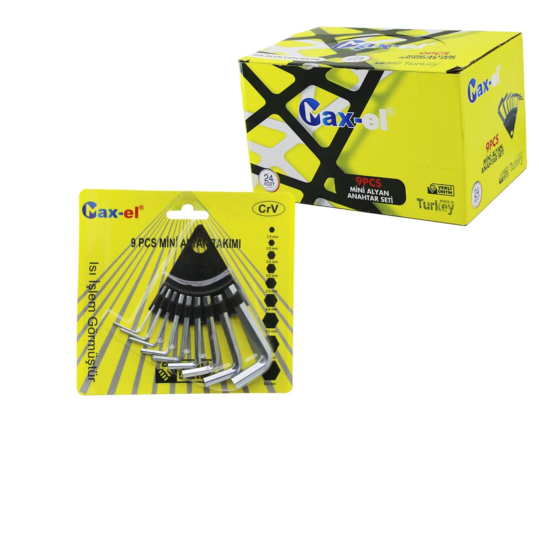 MAX-EL ( 9PCS ) ( MİNİ & KISA ) ALYAN ANAHTAR SETİ TAKIM ( NO-1.5 - 2 - 2.5 - 3 - 3.5 - 4 - 5 - 6 - 8 ) (ÜÇGEN STAND ASKILIK)*24X8 MAX-EL ( 9PCS ) ( MİNİ & KISA ) ALYAN ANAHTAR SETİ TAKIM ( NO-1.5 - 2 - 2.5 - 3 - 3.5 - 4 - 5 - 6 - 8 ) (ÜÇGEN STAND ASKILIK)*24X8