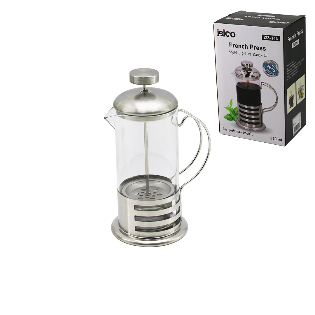 İBİCO İ22-344 FRENCH PRESS ( METAL KAFES & METAL KAPAK ) ( 350ML ) ( CAM ) BİTKİ SÜZGEÇİ*60