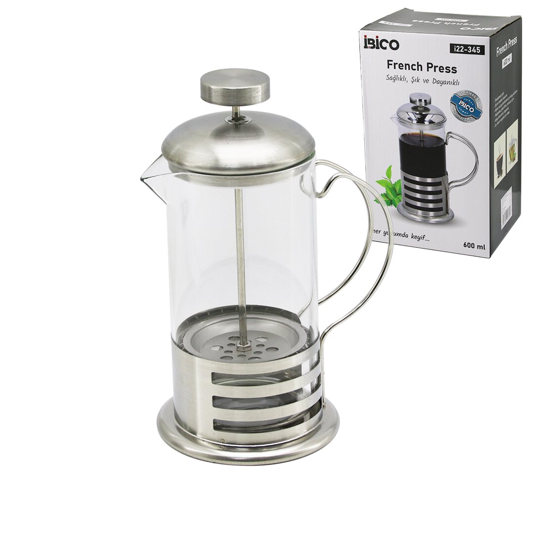 İBİCO İ22-345 FRENCH PRESS ( METAL KAFES & METAL KAPAK ) ( 600ML ) ( CAM ) BİTKİ SÜZGEÇİ*40