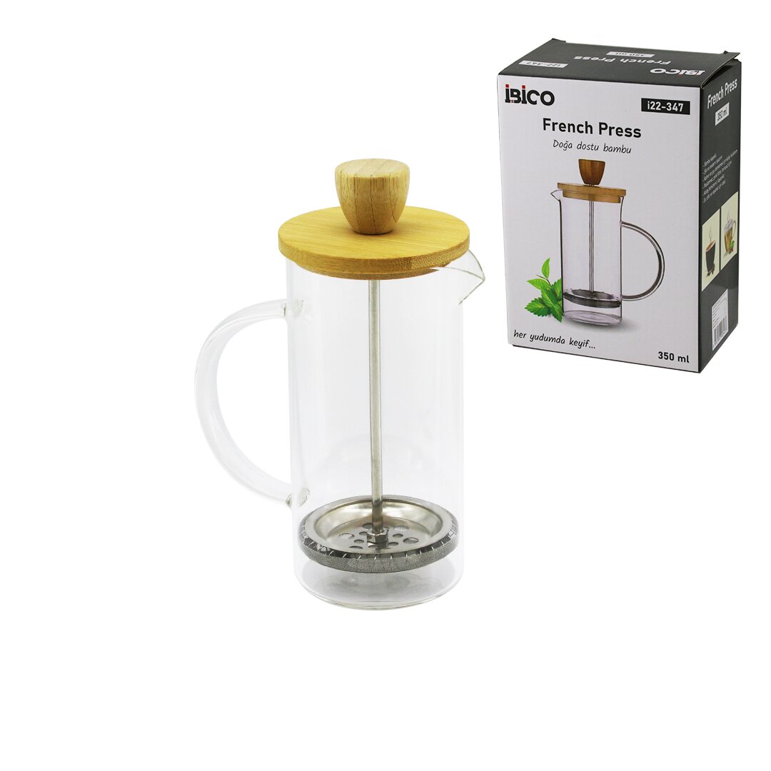 İBİCO İ22-347 FRENCH PRESS ( BAMBU KAPAK) ( 350ML ) ( CAM ) BİTKİ SÜZGEÇİ*60