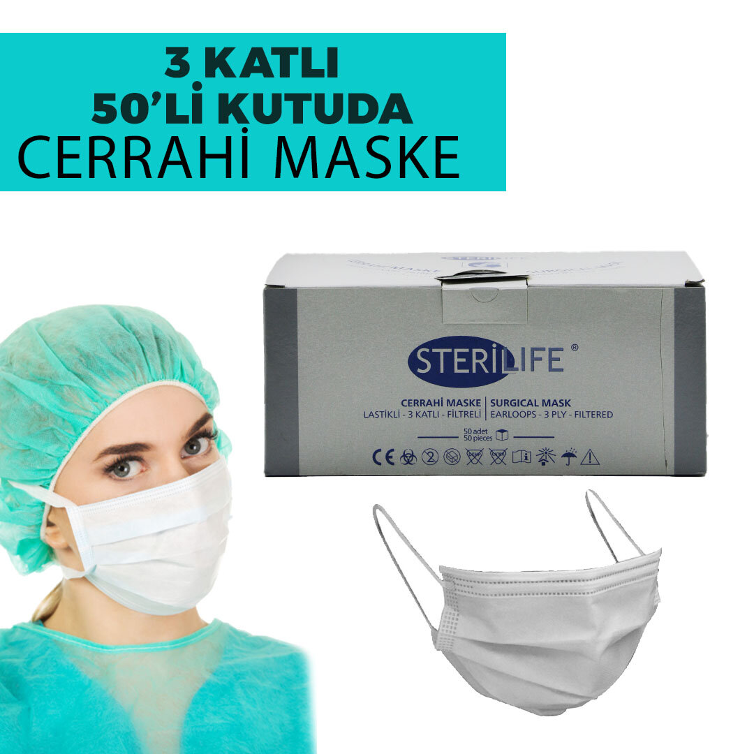 STERİLİFE ( BEYAZ ) ( 50PCS ) MEDİKAL CERRAHİ YÜZ MASKESİ ( 3 KATLI ) ( TEK KULLANIMLIK )*1X40