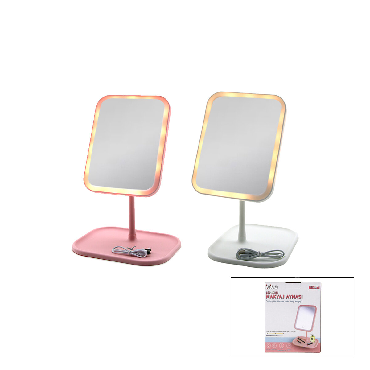 İBİCO İ11-017 ( DİKDÖRTGEN ) ( 7" ) ( LEDLİ & USB ŞARJLI ) MAKYAJ AYNASI ( 90° AÇI AYARLI ) ( TAKILI AYAK ) ( RENKLİ PLS )*60
