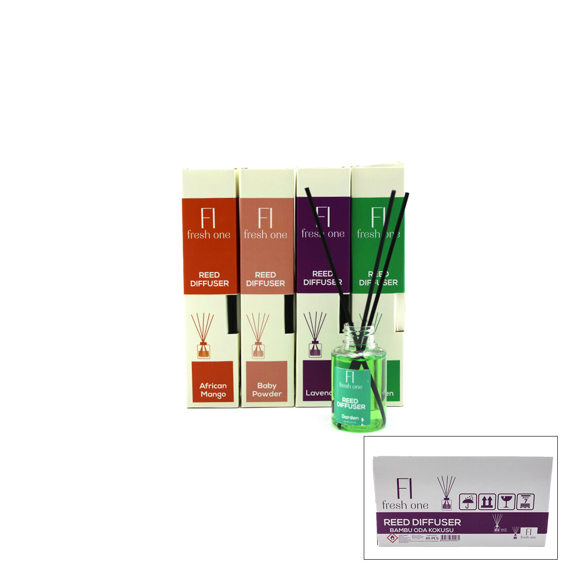 FRESH ONE ( 60ML ) ( 3-ÇUBUKLU ) BAMBU ORTAM KOKUSU (PLASTİK ŞİŞE) ( GARDEN & LAVANDER & BABY POWDER & AFRİCAN MANGO)*48=K