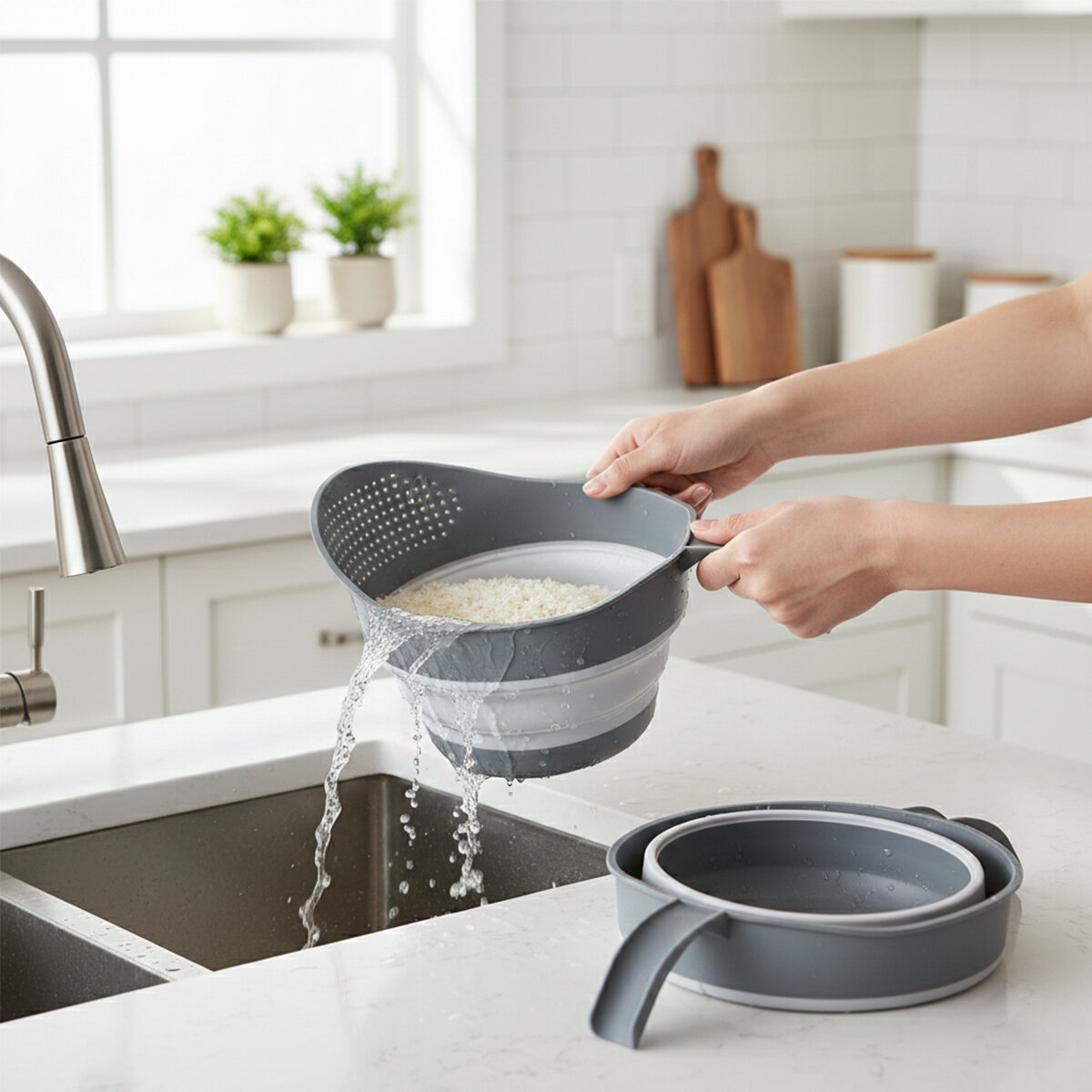 QLUX L-00984-2 ( KATLANABİLİR ) PİRİNÇ SÜZGEÇ ( GRİ ) ( MAŞRAFA MODELİ ) ( 2250ML ) ( KAPALI=8.5 & AÇIK=16CM ) ( 19X26CM )*14=K