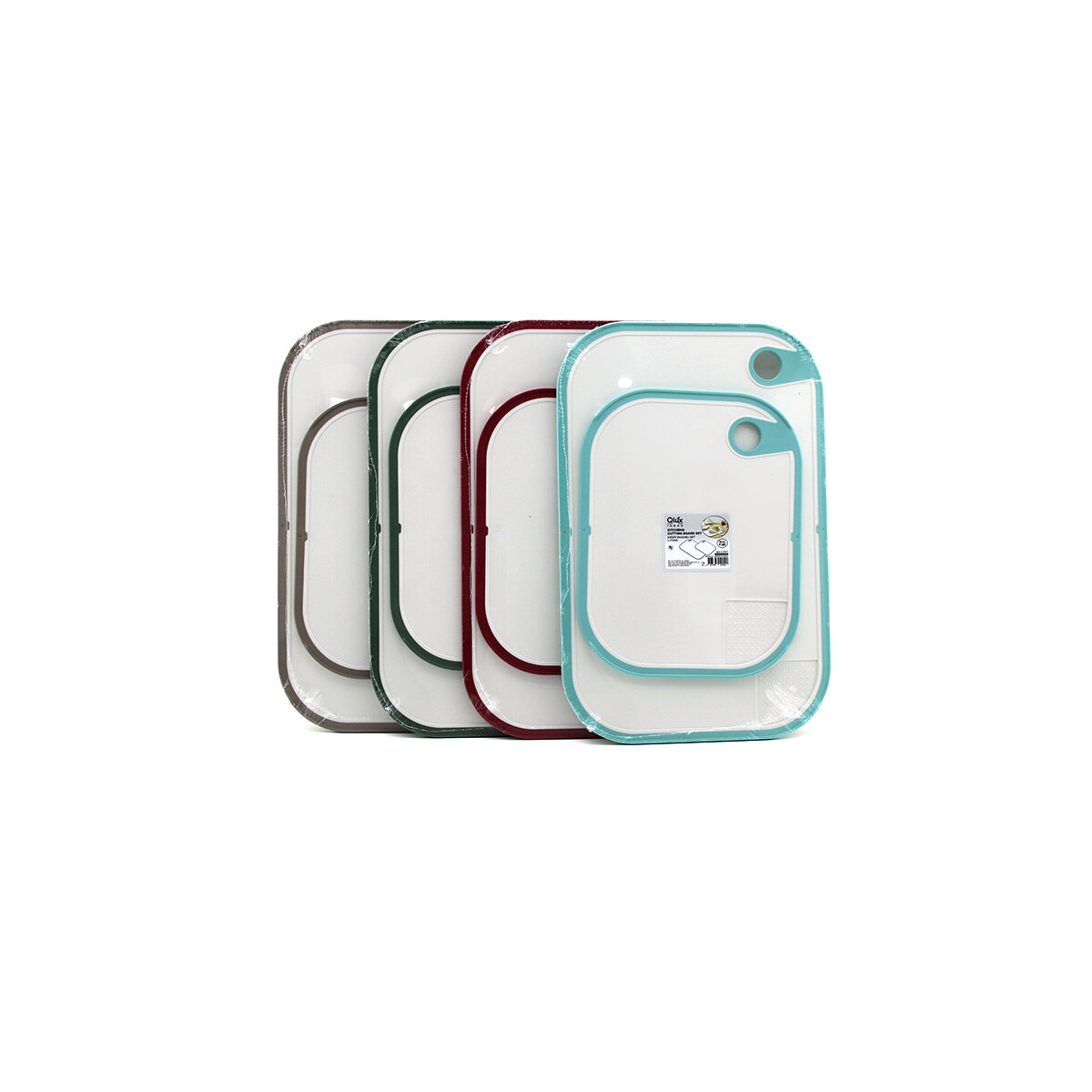 QLUX L-01009 KITCHENQ ( 2PCS SET ) (PLASTİK) KESİM PANOSU  (19X24CM & 23.3X35.5CM) (RENKLİ SİLİKON KENAR & KENAR DELİKLİ TUTAMAK)*8=K