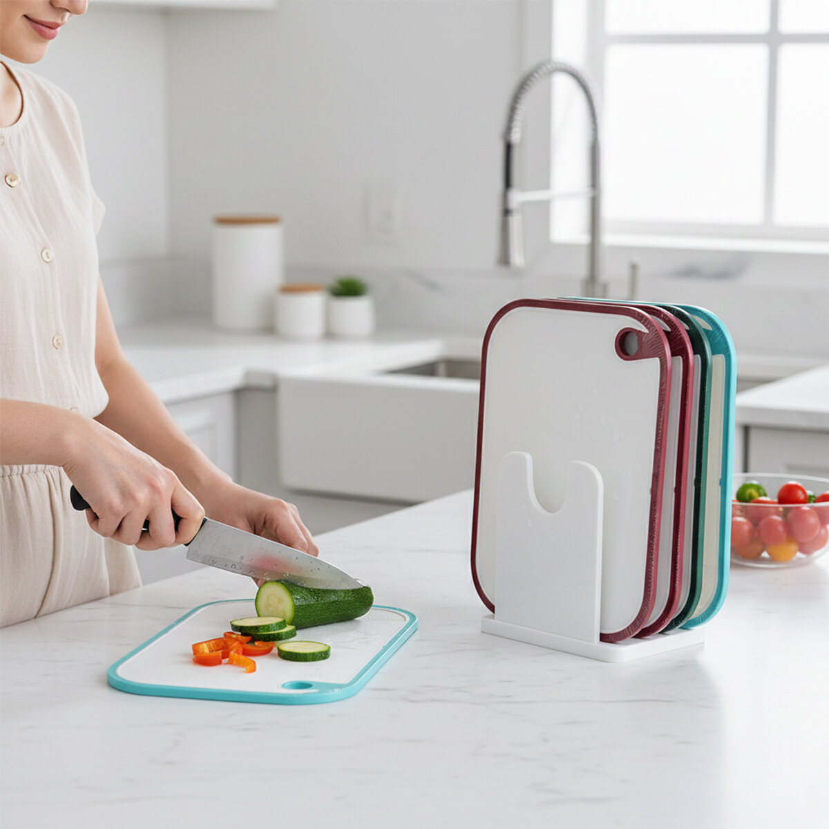 QLUX L-01009 KITCHENQ ( 2PCS SET ) (PLASTİK) KESİM PANOSU  (19X24CM & 23.3X35.5CM) (RENKLİ SİLİKON KENAR & KENAR DELİKLİ TUTAMAK)*8=K