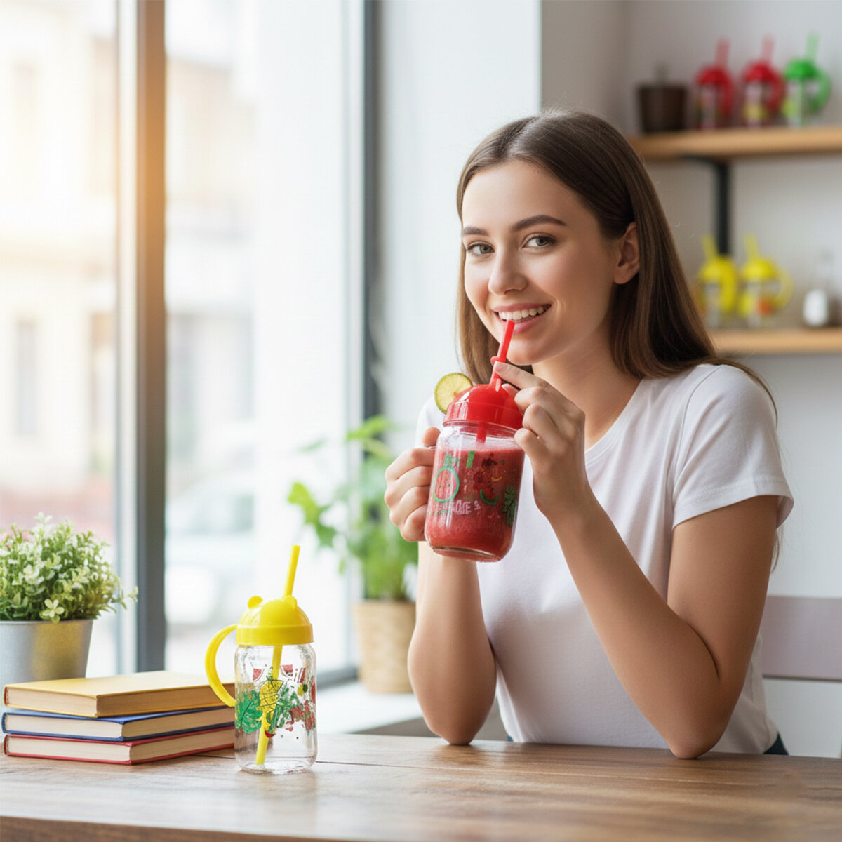 QLUX C-00557 SPRİNG ( NO-2 ) ( KULPLU ) ( PİPETLİ ) (CAM=MEYVE DESENLİ) KAVANOZ BARDAK (370CC) (RENKLİ PLS.KULAKLI KAPAK & PİPET)*20=K