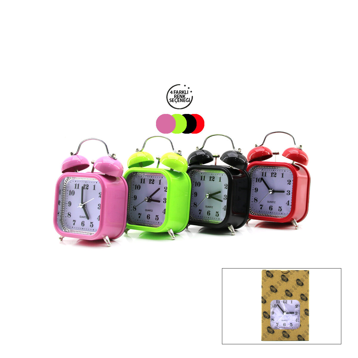 TWIN BELL ALARM CLOCK BGC-14 KARE MASA ÇALAR SAAT ( PLASTİK KASA RENKLİ ) ( PİLLİ & IŞIKLI )*100
