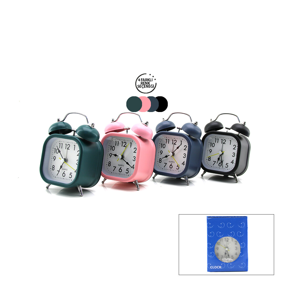 TWIN BELL ALARM CLOCK BGC-10 KARE MASA ÇALAR SAAT ( METAL KASA RENKLİ ) ( PİLLİ & IŞIKLI ) ( ÇAP: 8.8CM )*100