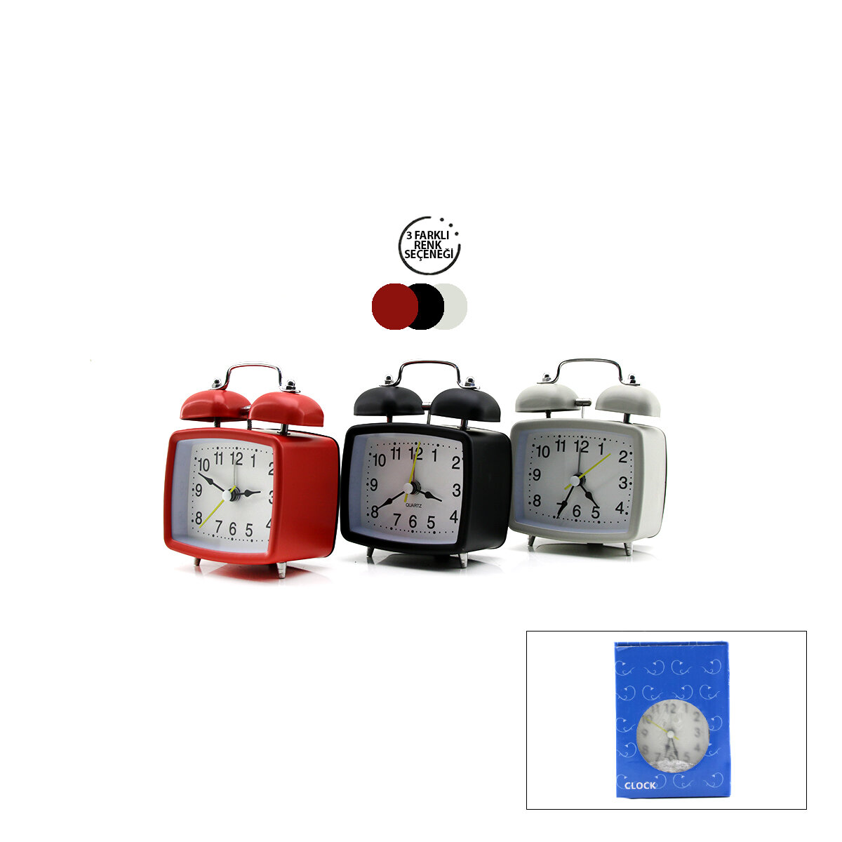 TWIN BELL ALARM CLOCK BGC-22 KARE MASA ÇALAR SAAT ( METAL KASA RENKLİ ) ( PİLLİ & IŞIKLI )*100