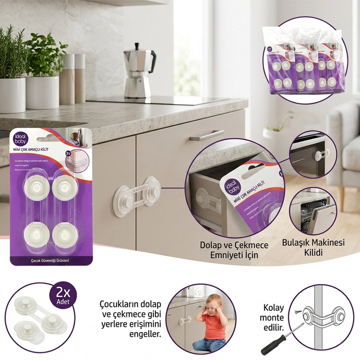 İDEAL BABY IDE-04 ( 2PCS ) MİNİ ÇOK AMAÇLI KİLİT ( ÇOCUK EMNİYET )*24X10