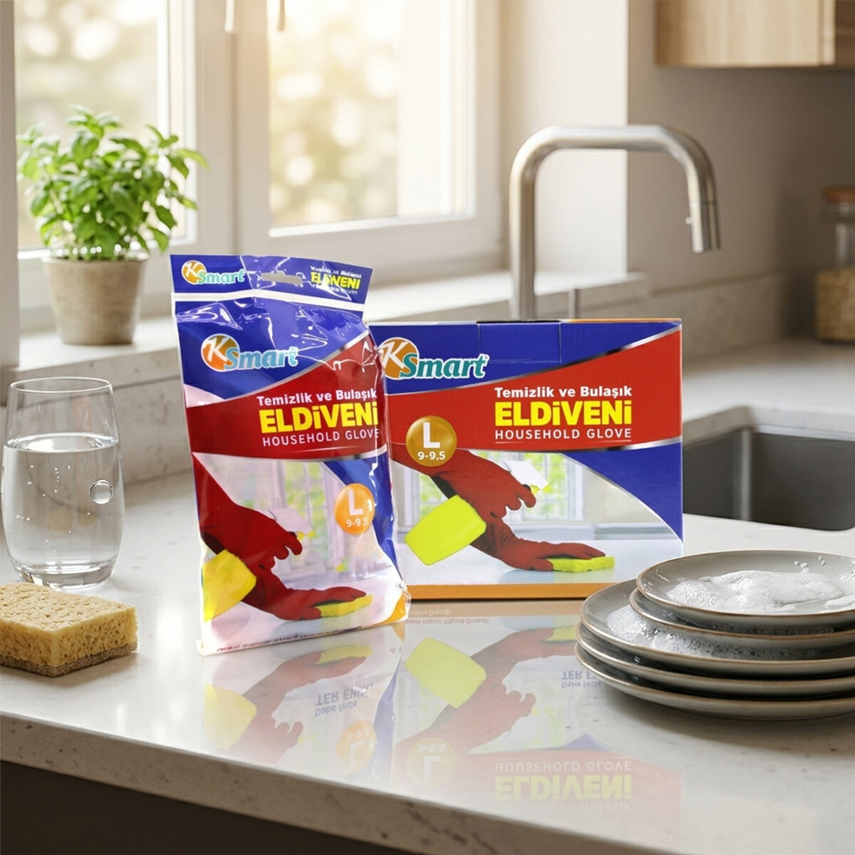 KSMART K-1292 ( L ) ( NO-9-9.5 ) ( PLASTİK ) TEMİZLİK & BULAŞIK ELDİVENİ ( DOĞAL PAMUK ASTARLI ) ( YÜKSEK DİRENÇLİ )*30X10