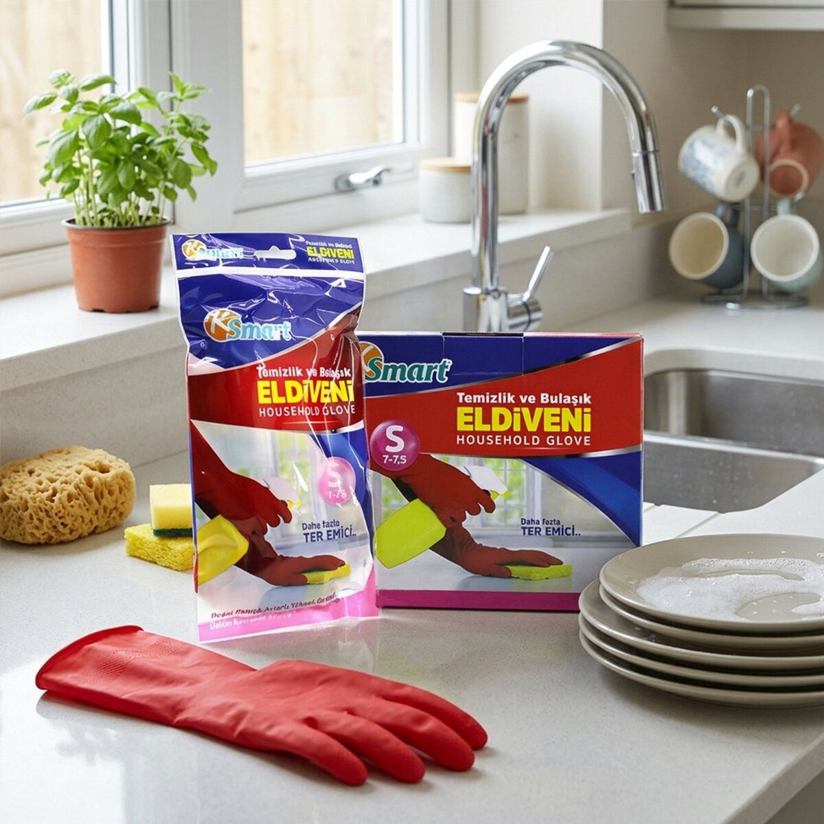 KSMART K-1278 ( S ) ( NO-7-7.5 ) ( PLASTİK ) TEMİZLİK & BULAŞIK ELDİVENİ ( DOĞAL PAMUK ASTARLI ) ( YÜKSEK DİRENÇLİ )*30X10