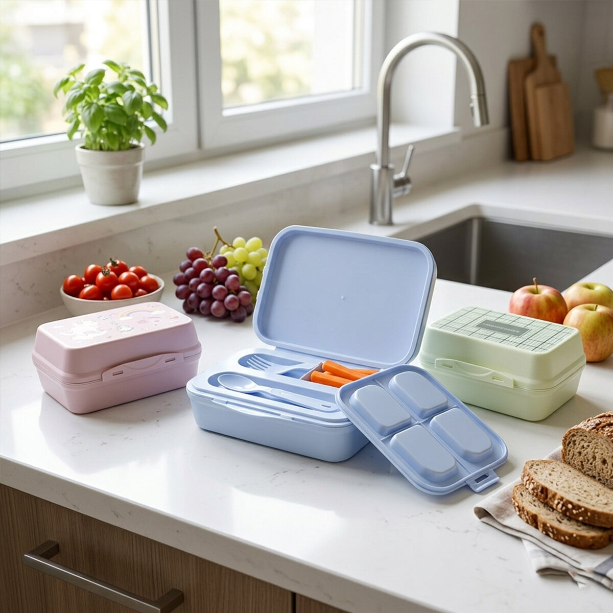 QLUX L-00690 NEO BESLENME KUTUSU (2 KATLI= 1.KAT=2+1 BÖLMELİ & 2.KAT=BÖLMESİZ) (ÇATAL & KAŞIK) (RESİMLİ & DESENLİ & RENKLİ PLS.)*30=K