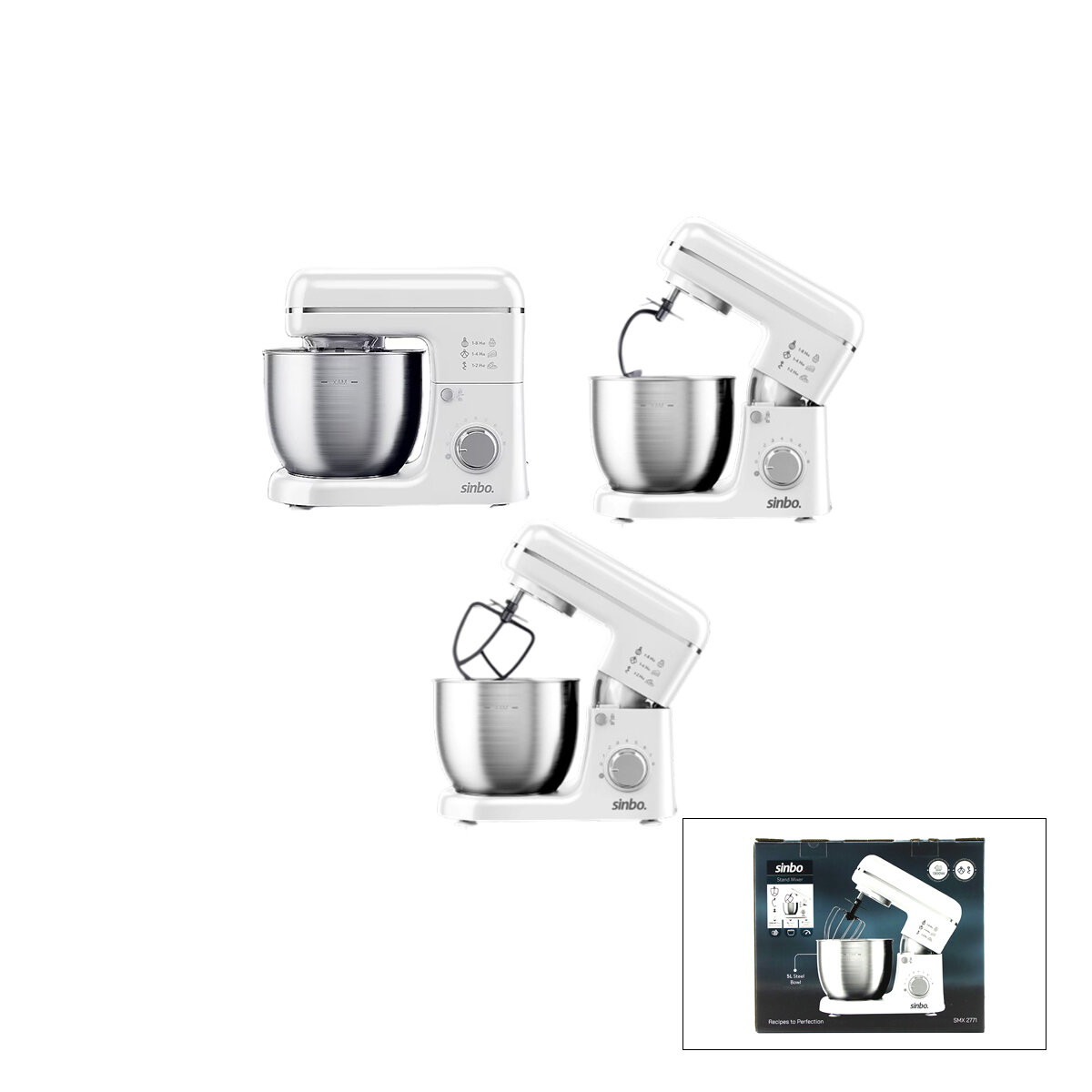 SİNBO SMX-2771 ( BEYAZ ) STANDLI MİKSER & BLENDER SETİ ( HAMUR YOĞURUCU & ÇIRPICI & KARIŞTIRICI ) ( 8 KADEM. HIZ AYAR )( 5LT HAZNE )( 1300W )*1