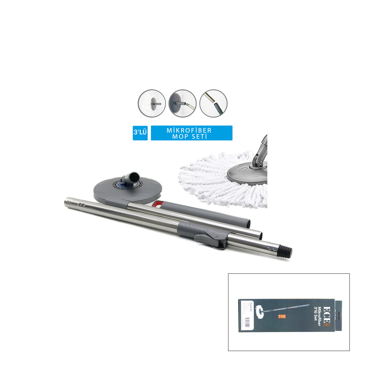 ECE LIFE EC-109 ( 3İN1 ) ( KUTULU ) MİKROFİBER ( OTOMATİK MOP ) YEDEK SETİ ( 360° DÖNER METAL SAP=100CM + M.FİBER PAMUK MOP=125GR )*12=K ECE LIFE EC-109 ( 3İN1 ) ( KUTULU ) MİKROFİBER ( OTOMATİK MOP ) YEDEK SETİ ( 360° DÖNER METAL SAP=100CM + M.FİBER PAMUK MOP=125GR )*12=K
