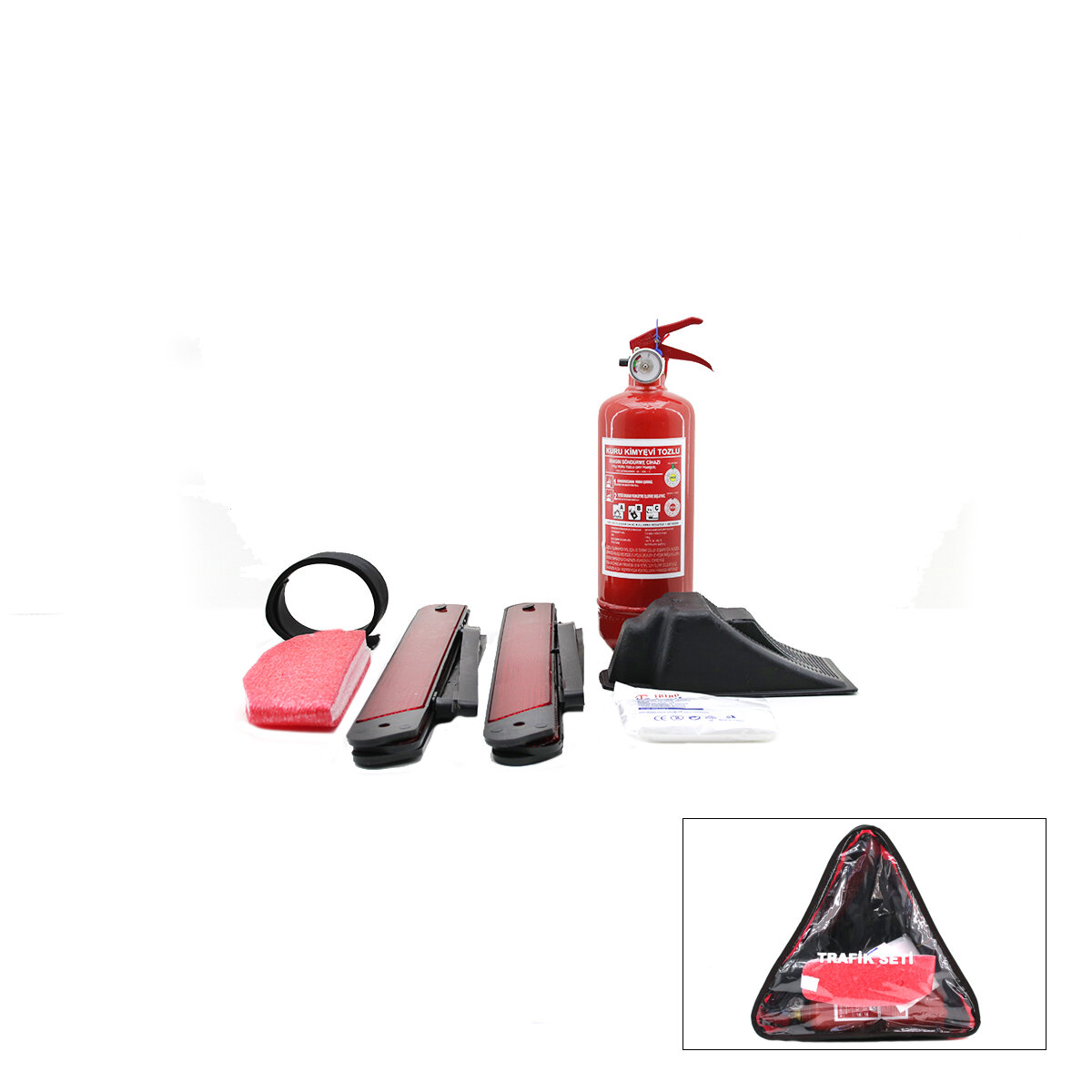 KRT-1097 TRAFİK SETİ ( 8PCS=YANGIN SÖNDÜRME TÜPÜ=1KG & 2PCS REFLEKTÖR & ARAÇ TAKOZ & ÜÇGEN SARGI BEZİ & BOYUN KORSE & TURNİKE=KAN DURDURMA& SET ÇANTASI)*12