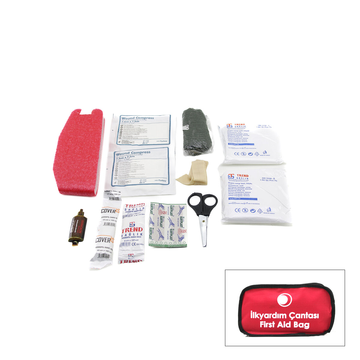 KRT-1089 (POLYESTER ÇANTALI) İLK YARDIM SETİ (17PCS=2-GAZLI-2-ÜÇGEN-3-HİDROFİL-1-ELASTİK BEZ& 5-YARA BANDI& BATİCONOL& MAKAS& BOYUN KORSE& ÇANTA)*75
