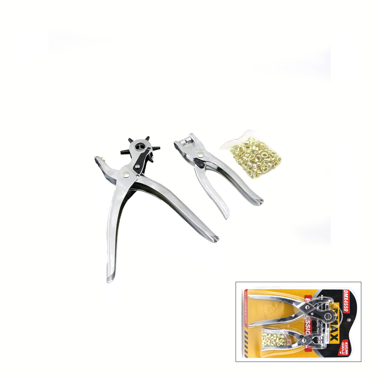 DMAX DMX-4550 ( 2Lİ SET ) ( 6-DİŞLİ METAL KEMER DELME PENSESİ )  & ( PERÇİN PENSESİ )  ( + GOLD PERÇİN )*60