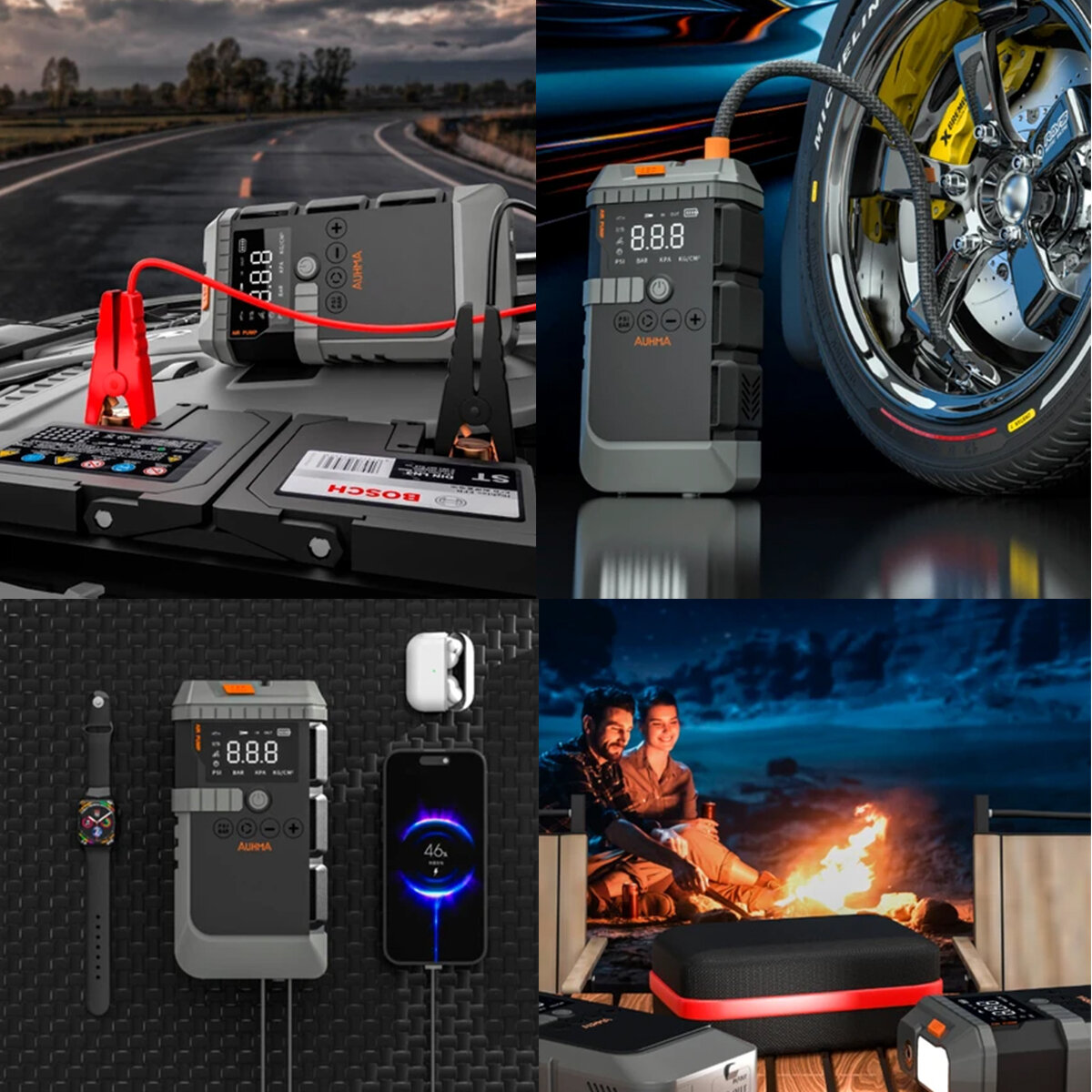 AUHMA-A7711 ( 4IN1 ) AKÜ TAKVİYELİ KOMPRESÖRLÜ HAVA POMPASI ( DİJİTAL EKRAN ) (12.000mAh & 150PSI & 1200A) ( AKÜ TAKVİYE & LASTİK ŞİŞİRME & POWERBANK & FENER )*10