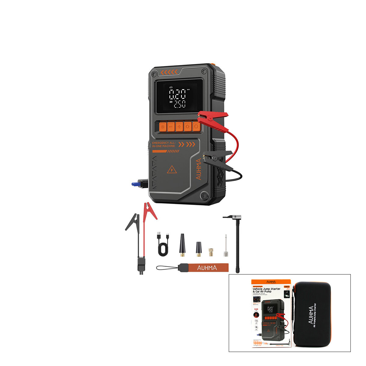 AUHMA-A8822 ( 4IN1 ) AKÜ TAKVİYELİ KOMPRESÖRLÜ HAVA POMPASI ( DİJİTAL EKRAN ) (10.000mAh & 150PSI & 1000A) ( AKÜ TAKVİYE & LASTİK ŞİŞİRME & POWERBANK & FENER )*12