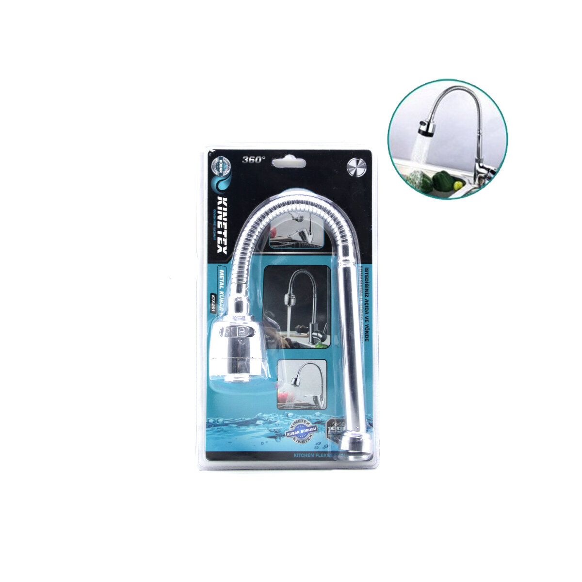 KINETEX KTX-261 ( METAL ) KUBAR & BATARYA BORUSU ( KROM TOPAÇ BAŞLIK= KADEMELİ ) ( 360° YAYLI ) ( ANTİ TWİST ) (VAKUMLU AMBALAJ)*50