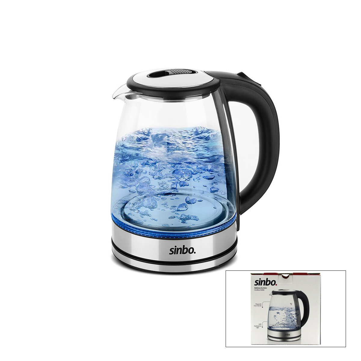 SİNBO SK-8033 ( CAM & LEDLİ ) KETTLE ( 1.8LT ) ( GİZLİ REZİSTANS & KABLOSUZ ) (360° GÖVDE ) 1500W*4