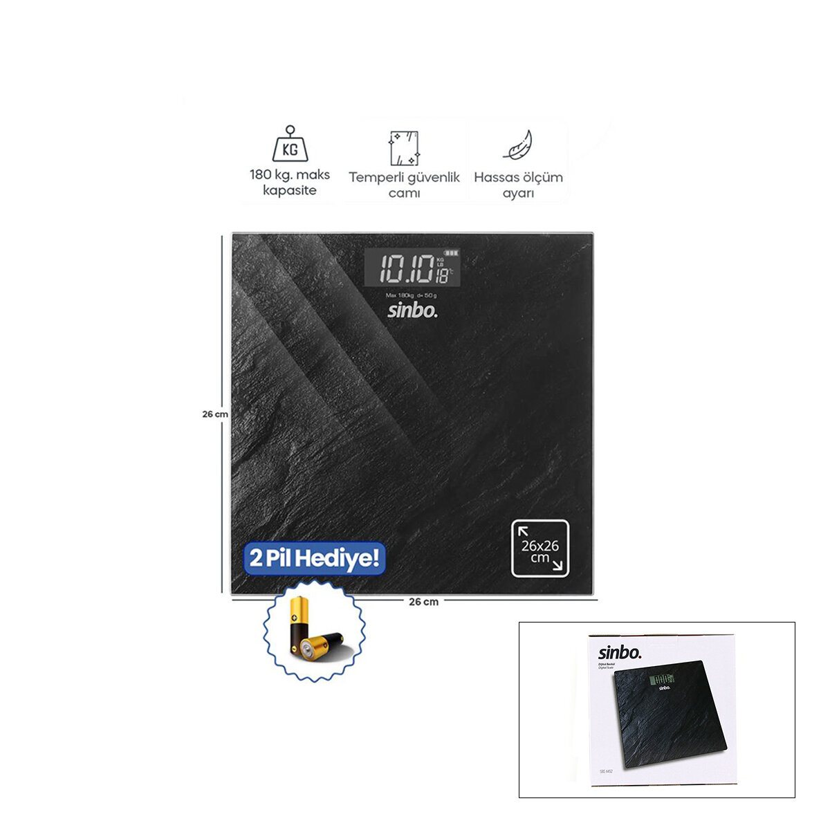 SİNBO SBS-4450 ( DİJİTAL & PİLLİ ) ( SİYAH CAM ) BANYO BASKÜL TERAZİ TARTI ( LCD EKRAN & SICAKLIK GÖSTERGE )( 180KG/50GR )( 26X26CM )*10