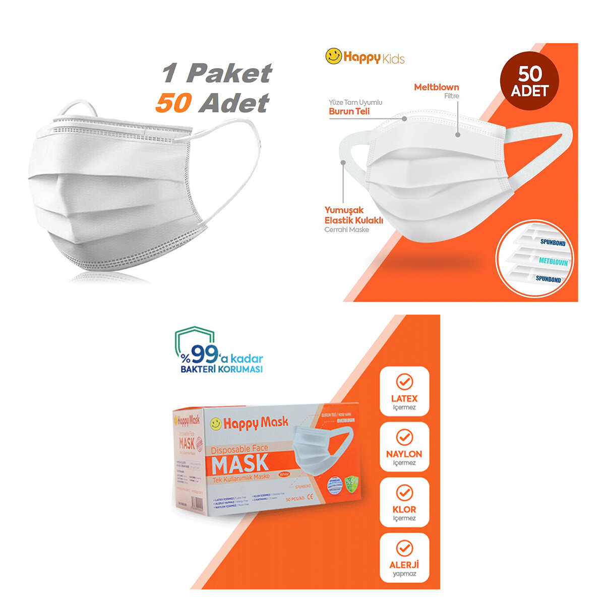 HAPPY MASK ( BEYAZ ) ( 50PCS ) MEDİKAL CERRAHİ YÜZ MASKESİ ( 3 KATLI ) ( TEK KULLANIMLIK )*1X30