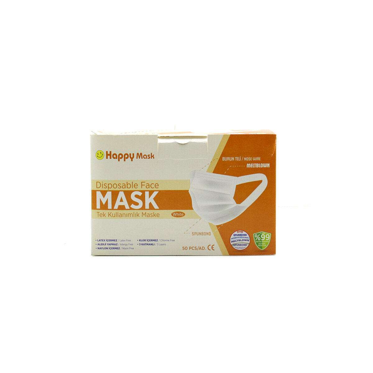 HAPPY MASK ( BEYAZ ) ( 50PCS ) MEDİKAL CERRAHİ YÜZ MASKESİ ( 3 KATLI ) ( TEK KULLANIMLIK )*1X30