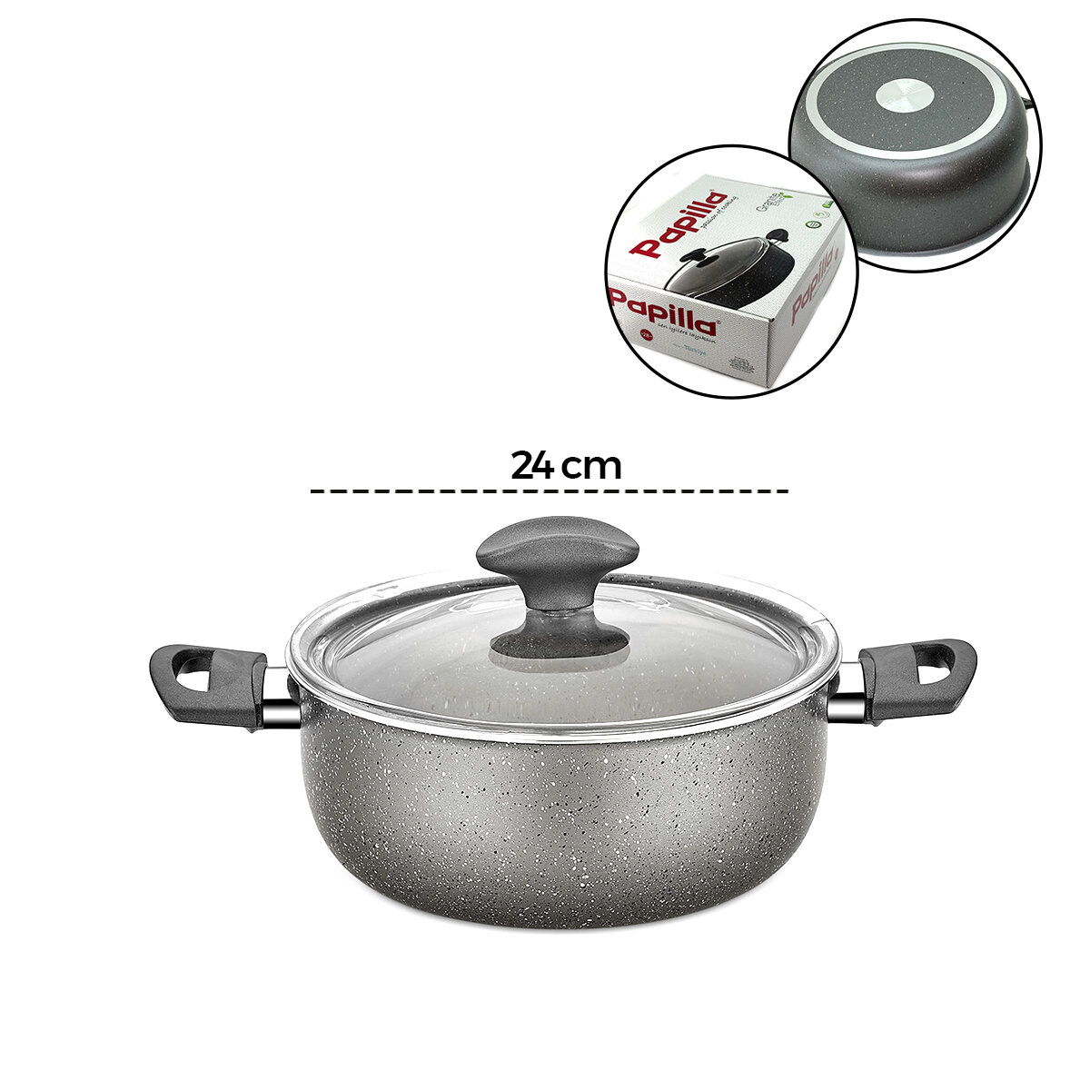PAPİLLA FRED ( CASSEROLE ) ( 24 CM ) ( DERİN ) ( GRANİT TENCERE ) ( CAM KAPAK ) ( GRİ KIRÇILLI ) ( BRKT-705663 )*6=K