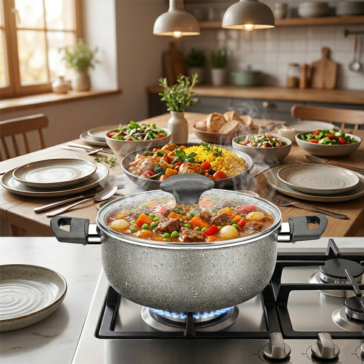 PAPİLLA FRED ( CASSEROLE ) ( 22 CM ) ( DERİN ) ( GRANİT TENCERE ) ( CAM KAPAK ) ( GRİ KIRÇILLI ) ( BRKT-712241 )*6=K