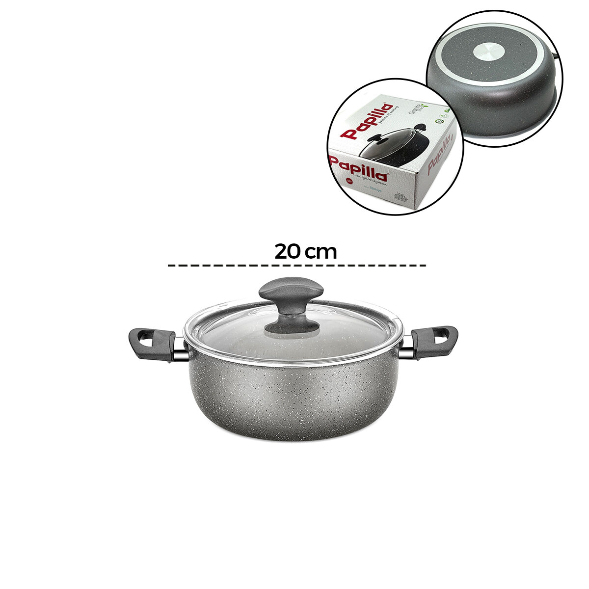 PAPİLLA FRED ( CASSEROLE ) ( 20 CM ) ( DERİN ) ( GRANİT TENCERE ) ( CAM KAPAK ) ( GRİ KIRÇILLI ) ( BRKT-705656 )*6=K