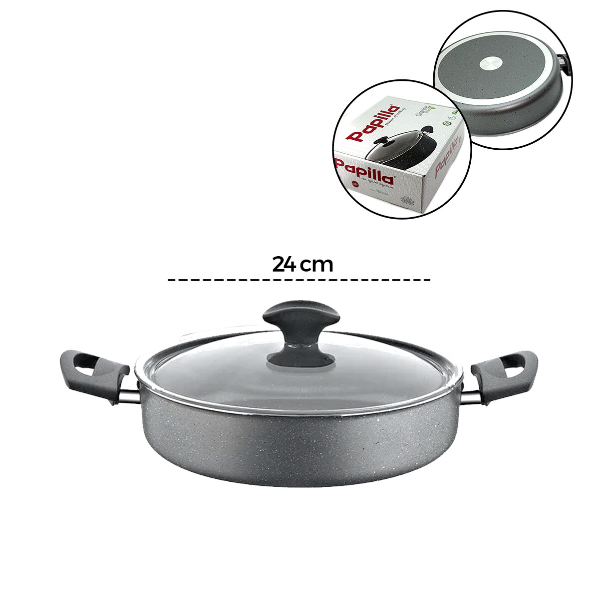 PAPİLLA FRED ( FLAT CASSEROLE ) ( 24 CM ) ( BASIK & KARNIYARIK & KISA ) ( GRANİT TENCERE ) ( CAM KAPAK ) ( GRİ KIRÇILLI ) ( BRKT-712265 )*6=K
