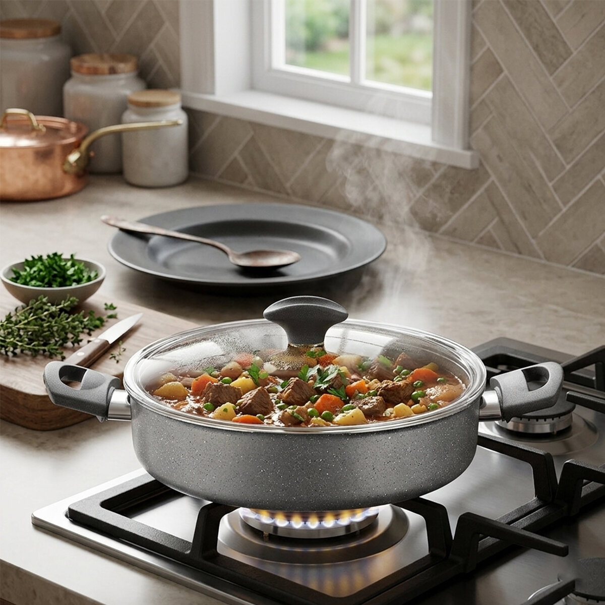 PAPİLLA FRED ( FLAT CASSEROLE ) ( 24 CM ) ( BASIK & KARNIYARIK & KISA ) ( GRANİT TENCERE ) ( CAM KAPAK ) ( GRİ KIRÇILLI ) ( BRKT-712265 )*6=K