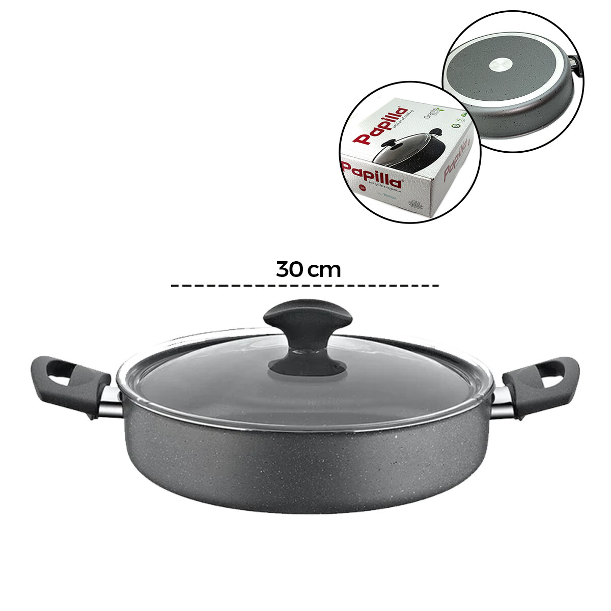 PAPİLLA FRED ( FLAT CASSEROLE ) ( 30 CM ) ( BASIK & KARNIYARIK & KISA ) ( GRANİT TENCERE ) ( CAM KAPAK ) ( GRİ KIRÇILLI ) ( BRKT-706127)*6=K