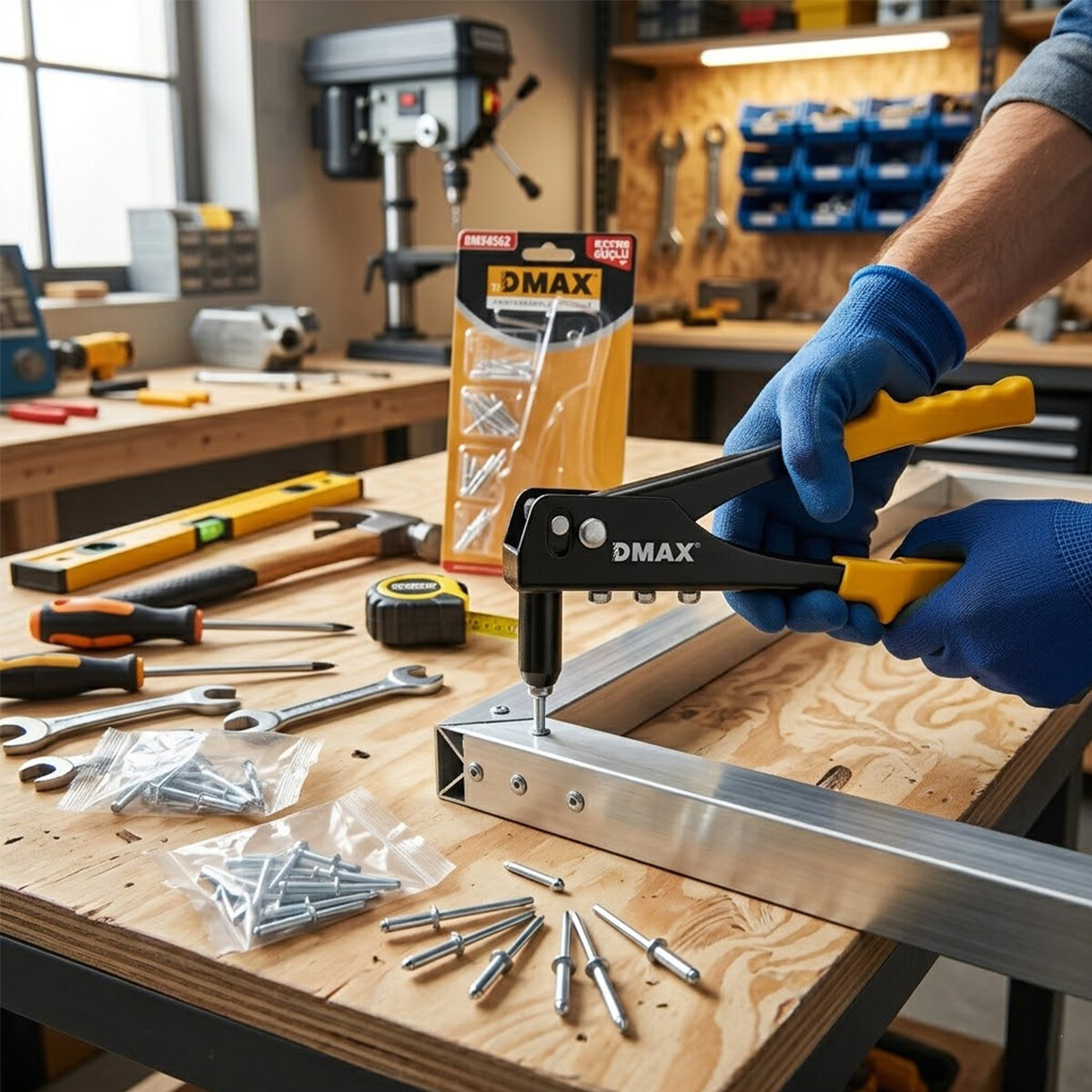 DMAX DMX-4562 PERÇİN TABANCA MAKİNE ( SETİ ) = 4 BOY UÇ = 2.4- 3.2 - 4 - 4.8)  + ( 4 BOY KALINLIK X 10PCS=40PCS İĞNE )*48