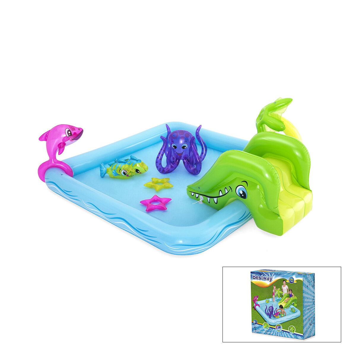 BESTWAY-53052 ( 308LT ) ŞİŞME HAVUZ &  MİNİ SU OYUN PARKI ( 1KAYDIRAK - 1YUNUS - 2PAYLANÇO BALIK - 1AHTAPOT - 2SİMİT ) ( 239X206X86CM )*3=K