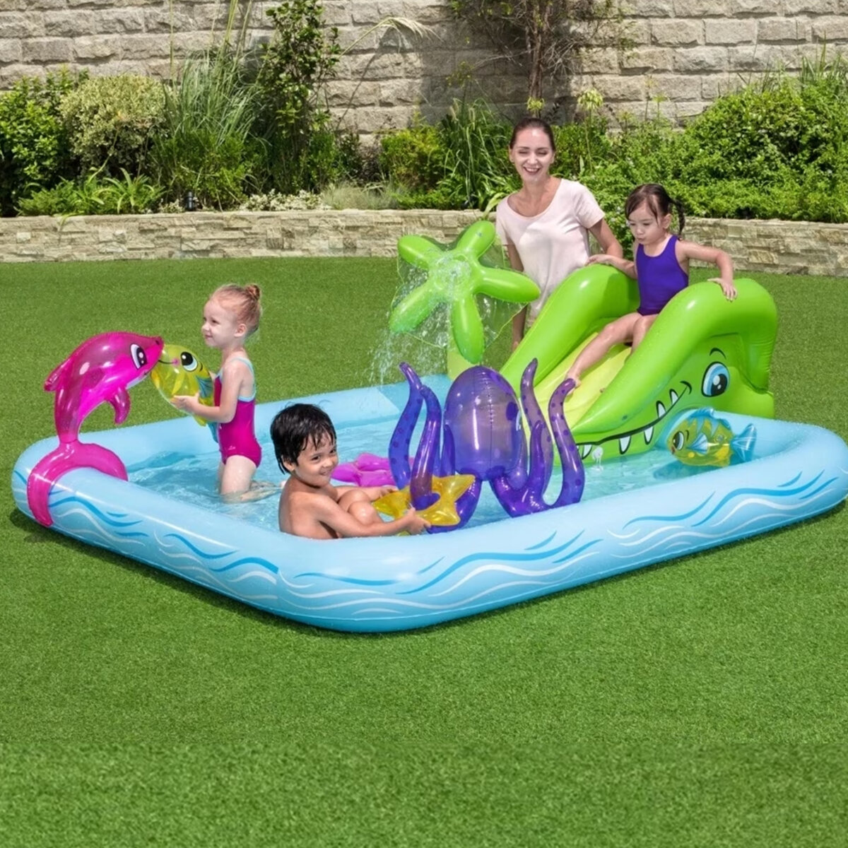 BESTWAY-53052 ( 308LT ) ŞİŞME HAVUZ &  MİNİ SU OYUN PARKI ( 1KAYDIRAK - 1YUNUS - 2PAYLANÇO BALIK - 1AHTAPOT - 2SİMİT ) ( 239X206X86CM )*3=K