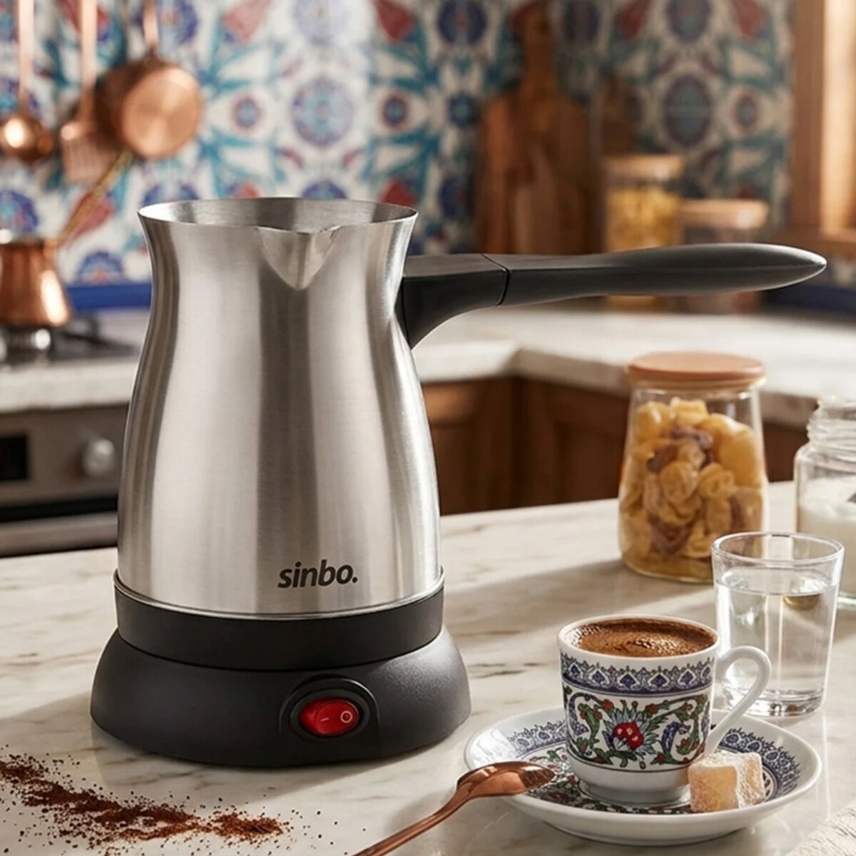 SİNBO SCM-9038 (ÇELİK) ELEKTRİKLİ CEZVE (TÜRK KAHVE MAKİNESİ & 6FİNCAN=500ML) (360° KABLOSUZ KULLANIM) (KATLANIR KULP)*8