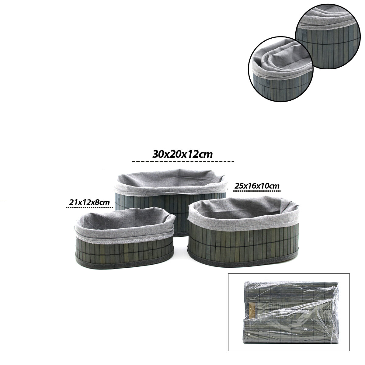 İBİCO İ22-330 ( GRİ ) ( 3 BOY ) ( OVAL ) ( BAMBU KENAR ) ORGANİZER SEPET ( AHŞAP ALTLIK & BEZLİ ) ( 12X21-16X25-20X30CM )*24