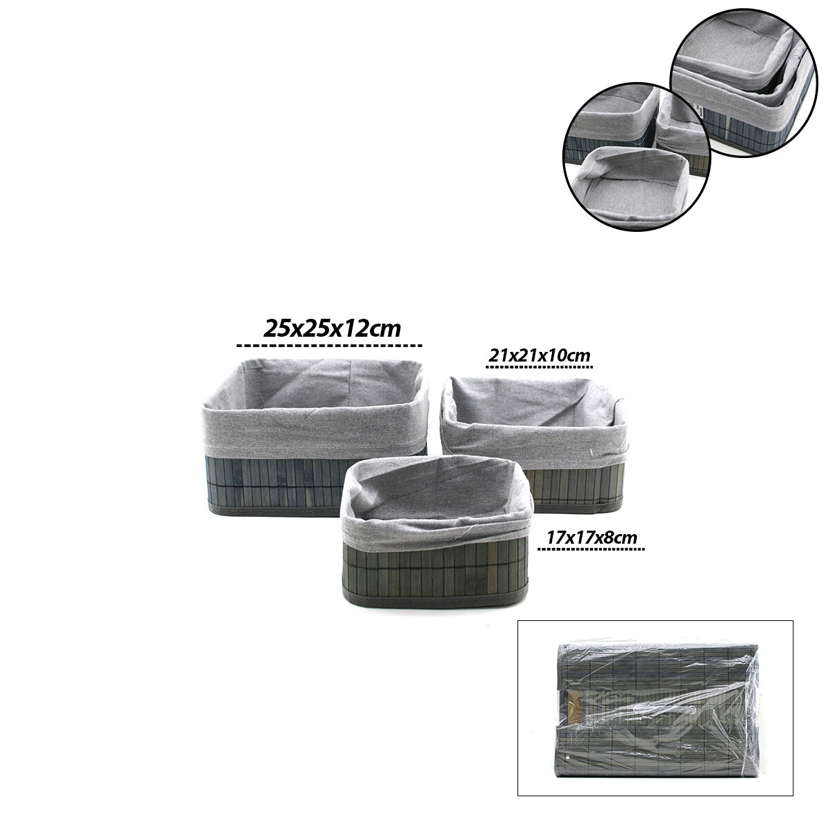 İBİCO İ22-328 ( GRİ ) ( 3 BOY ) ( KARE ) ( BAMBU KENAR ) ORGANİZER SEPET ( AHŞAP ALTLIK & BEZLİ ) ( 17X21X25CM )*24