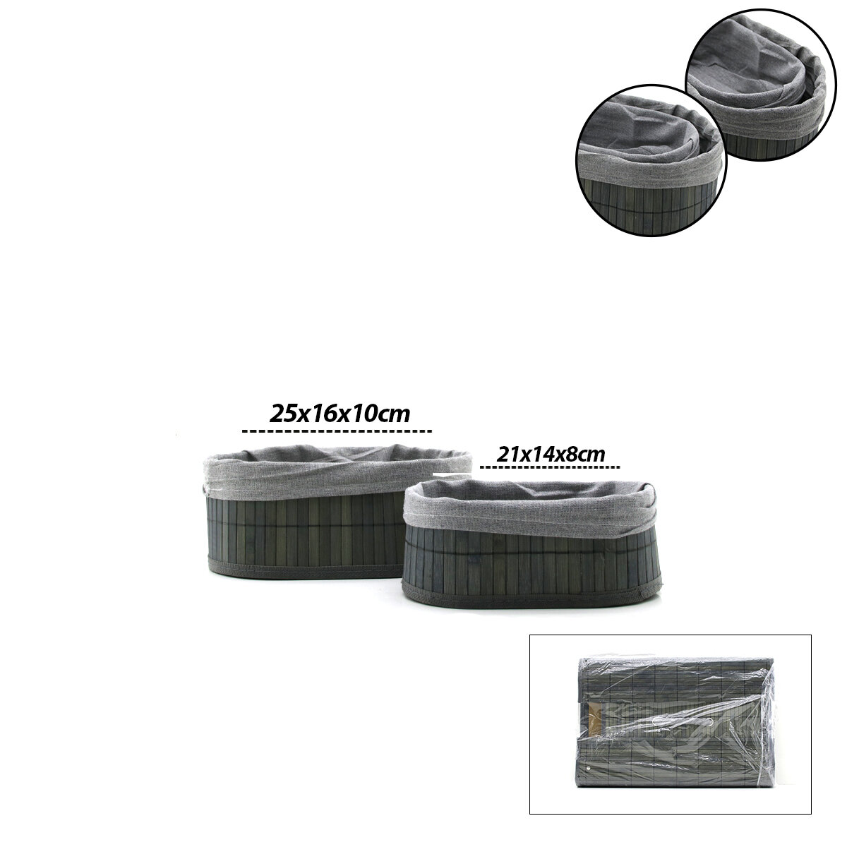 İBİCO İ22-331 ( GRİ ) ( 2 BOY ) ( OVAL ) ( BAMBU KENAR ) ORGANİZER SEPET ( AHŞAP ALTLIK & BEZLİ ) ( 21X14-25X16CM )*36