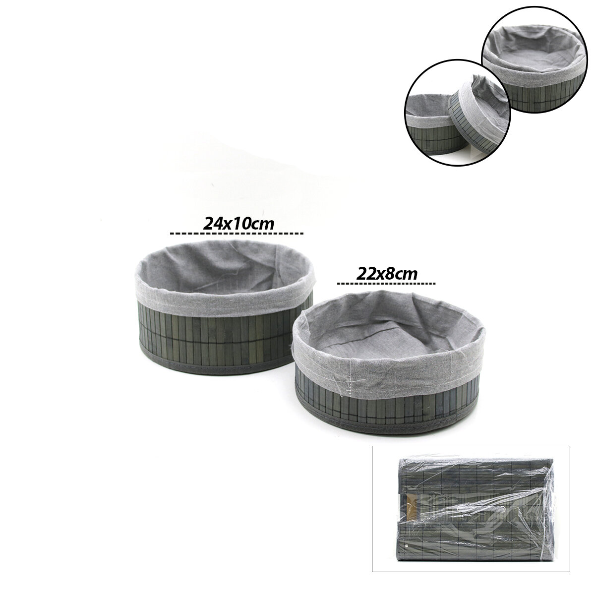 İBİCO İ22-333 ( GRİ ) ( 2 BOY ) ( YUVARLAK ) ( BAMBU KENAR ) ORGANİZER SEPET ( AHŞAP ALTLIK & BEZLİ ) ( ÇAP=22X24CM )*36