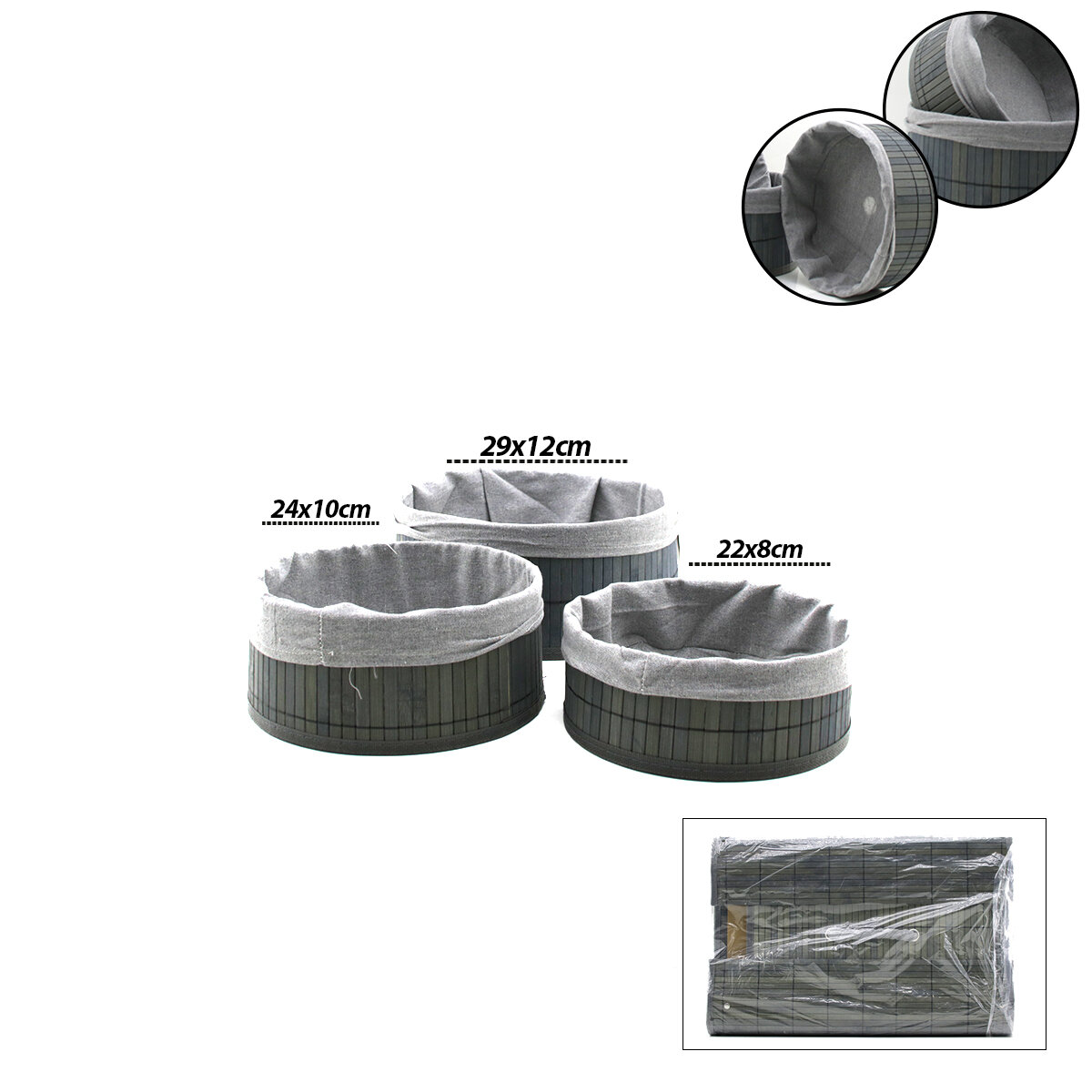 İBİCO İ22-329 ( GRİ ) ( 3 BOY ) ( YUVARLAK ) ( BAMBU KENAR ) ORGANİZER SEPET ( AHŞAP ALTLIK & BEZLİ ) ( ÇAP: 22X24X29CM )*24