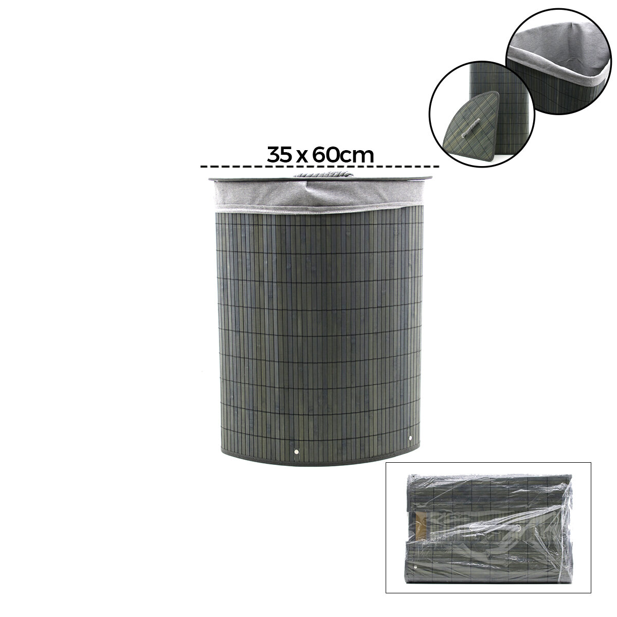 İBİCO İ21-105 ( GRİ ) ( ÜÇGEN ) ( 35X60CM & Y:60CM ) ( BAMBU AHŞAP ) KİRLİ ÇAMAŞIR SEPETİ ( SEYYAR KAPAKLI ) ( KUMAŞ ÇANTALI ) ( İP KULPLU )*12