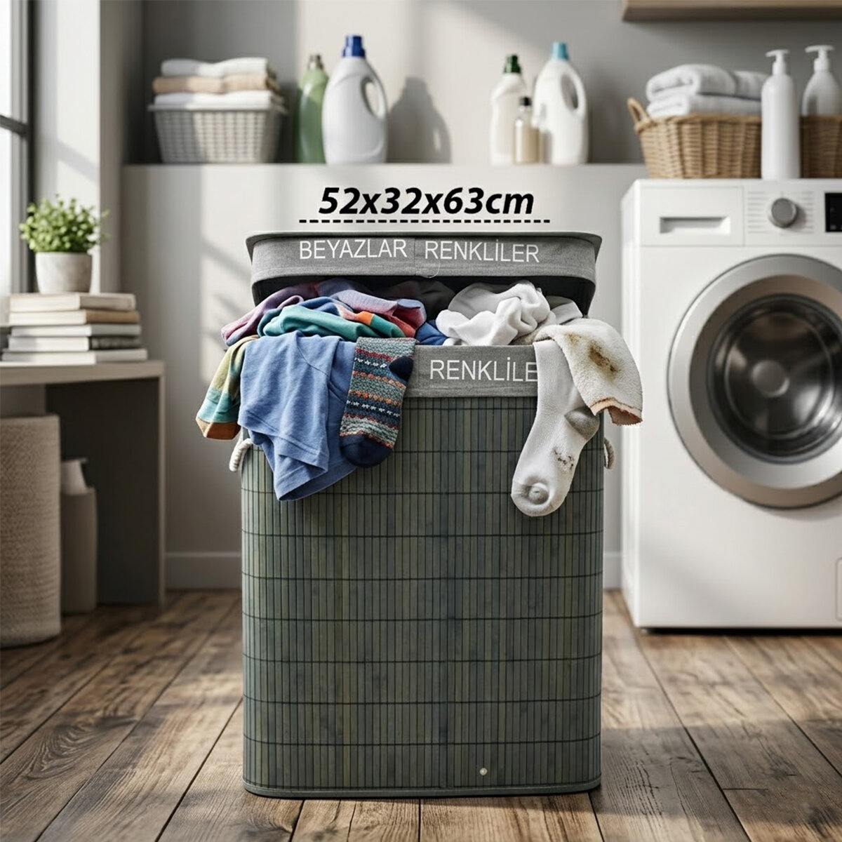 İBİCO İ21-104 ( GRİ ) ( DİKDÖRTGEN ) ( 2 BÖLMELİ ) ( 52X32CM Y:63CM ) ( BAMBU AHŞAP ) KİRLİ ÇAMAŞIR SEPETİ ( KUMAŞ ÇANTALI ) ( İP KULP )*12